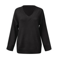 Џемпери За Жени Обични Лабави Еднобојни Долги Ракави Мода V Вратот Пуловер Џемпер