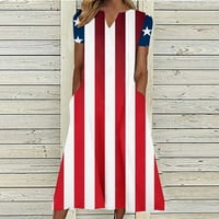 Венини Фустани За Жени Краток Ракав V-Вратот Миди Американско Знаме Печатење Летни Фустани Фустан Црвено с