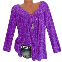 Жените Плус Големина Дозвола Жени Плус Големина Долги Ракави V-Вратот Печатење Блуза Пуловер Блузи Кошула Виолетова