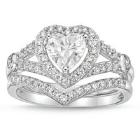 Стерлинг сребрена форма на срцето со симулирани прстени за невестински сет на дијаманти