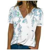 Bazyrey женски V-врат врвови женски кратки ракави цветни блузи, обични кошули за туниќ, бели 2xl