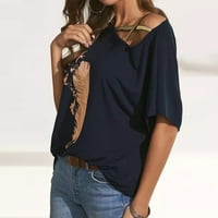 Yubnlvae маички за жени за жени кои случајни печати се наоѓаат од рамото, шупнат со блузи, памучна маица темно сина