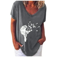 Женски блузи модни жени V-вратот обичен краток ракав печатен лабав пулвер маица врвови сиви xxxxxl