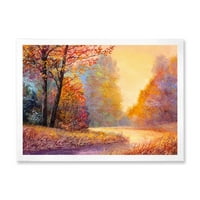 Дизајн Есенската шума портокалова остава пејзаж со патеката Езерото куќа врамена уметничка печатење
