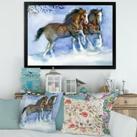 Коњи за дизајн, кои работат во зима на сина куќа, врамена уметничка печатење