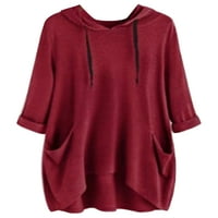Paileенски женски маица џеб маичка со цврста боја маица лабава есенска тунична блуза вино црвена м