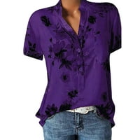 Блузи Слободно Време Краток Ракав Цветни Врвови Хенли Мода За Жени Виолетова 2XL