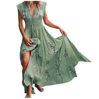 Жените V-Вратот Мода Печатени Глуждот Должина А-Линија Лето Краток Ракав Фустан Темно Зелена XL