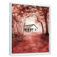 DesignArt 'Црвени есенски шуми и куќа во дивината' кабина и ложа врамени платно wallидни уметности