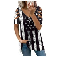 Клиренс жени летни врвови со кратки ракави печатени блуза Ден на независност жени модни б-вратни блузи, црна, м