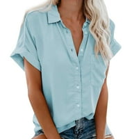 Кошули За Жени Блуза Со Памучни Ракави Краток Секојдневен Популарен Моден Џеб За Маици Светло сино М