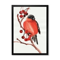 DesignArt 'Red Bullfinch Bird што седи на гранка со традиционално врамен уметнички принт на бобинки