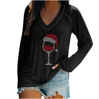 Обична лабава кошула удобна долга ракав врвови V-врат пулвер дама црвено вино стакло графички кошули паѓаат лесни џемпери за