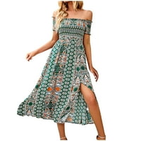 Летен Фустан За Жени Обичен Фустан за Цветно Печатење Надвор Од Рамената Зелен 10