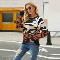 Зрбиб Корејски Модни Жени Џемпер Жени Зимски Круг Вратот Леопард Плете Пуловер Боја Блок Џемпер