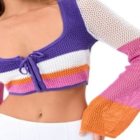 Пејакидсаа Жените Плетени Култури Врвови Контраст Боја Лента Лажичка Вратот Долг Ракав Џемпер Пуловери