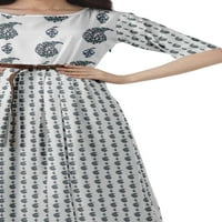 Мумаја Миди Фустан Со Кратки Ракави Печатен Плисиран Врат Од Лажичка Елегантен Работен Фустан